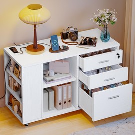 GOOBED 3 Drawer File Cabinet with Charging Station, Lateral Filing Cabinet with Lock, Mobile Printer Stand with Open Storage Shelf for Home Office, White