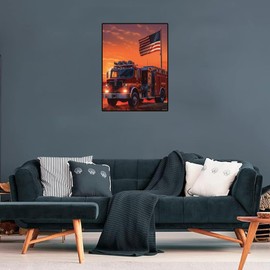 SLWYOUN Diamond Art Painting American Flag Patriotic Fire Truck for Adults Full Drill Paint with Diamond Art DIY Scenery Painting by Number Kits Art Wall Home Decor 12x16 Inch