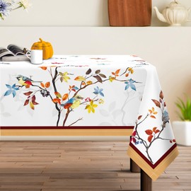Arquiel Rectangular Tablecloth Washable Vintage Thanksgiving Tablecloths Flower Maple Leaf Bird Tablecloth for Party Picnic Autumn Dinner Decor (140 x 180 cm)