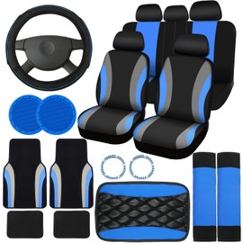 Fabbay 21 Pcs Car Seat Covers Full Set Car Floor Mats Steering Wheel Cover Armrest Cover Seat Safety Belt Pad Seatbelt Covers Cup Mats Car Emblem Ring Sticker for Sedans Trucks Van SUV (Black, Blue)