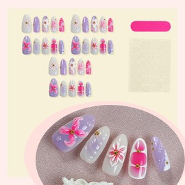 30Pcs 3D Pink Red Flower Press on Nails Almond Medium Fake Nails Handmade False Nails with Flower Golden Steel Ball Design Thick Acrylic Nails Press ons Holiday Glue on Nail for Women Nail Decoration