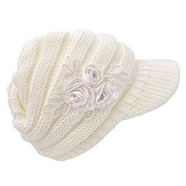 C-US Women Winter Warm Knit Hat Crochet Visor Brim Cap with Flower Accent White