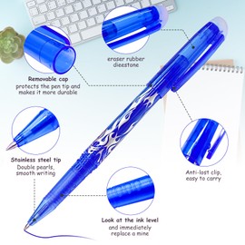 Obidodi 8 Erasable Pens Blue, Friction Pens Rub Out Pens, Eraser Pens with Rubbers on the End for Kids and Adults, 0.5mm Erasable Gel Pens for Notebook School Office Stationery (Blue)