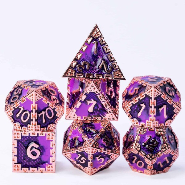 Cusdie Metal Dice Set, 7 Pcs DND Metal Dice, Dragon Scale Polyhedral Dice Set, for Role Playing Game D&D Dice (Copper with Purple)