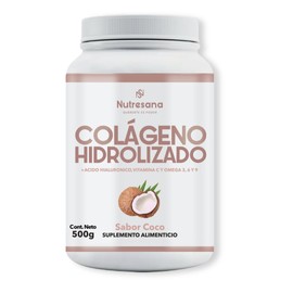 NUTRESANA Colágeno Hidrolizado Sabor Coco | Con Ácido Hialurónico, Vitaminas C y E, Omega 3, 6 y 9 | Suplemento Alimenticio en Polvo | 500 g