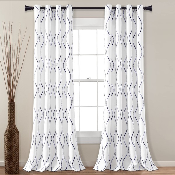 Lush Decor Swirl Light Filtering Window Curtain Panel Pair, 84" L x 52" W, White & Navy