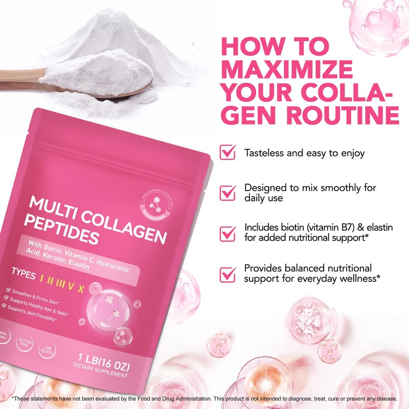 Multi Collagen Peptides Powder 16oz, Unflavored Hydrolyzed Collagen Types I,