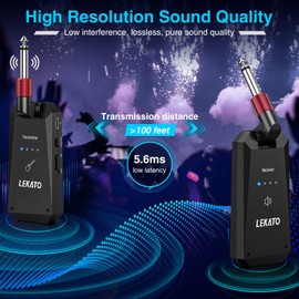 LEKATO 5.8G Wireless Guitar System Upgraded Rechargeable Wireless Guitar Transmitter Receiver, Super Long 8 Hours Battery Life, 4 Channels Guitar Wireless System for Electric Guitar Bass(WS-90)