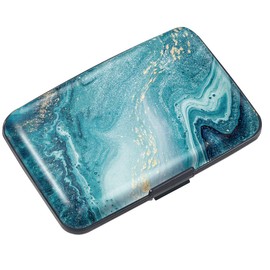 Coco Rossi Mini Credit Card Holder for Women or Men,RFID Blocking Slim Hard Card Case ID Case Travel Wallet, Teal Marble, Small