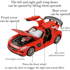 iLooboo Alloy Collectible Red Benz SLS AMG Toy Vehicle Pull Back Die-Cast Car Model with Lights and Sound