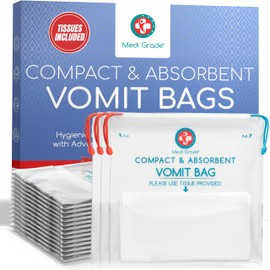Medi Grade Absorbent Vomit Bags Disposable for Adults and Kids, 22pcs - Travel Essentials Leakproof Barf Bags with Tissues Turn Vomit to Gel and Prevent Odor - Purse Essential Travel Size Sick Bags
