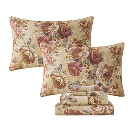 FADFAY Sheets Set King Tan Peony Floral Bedding Shabby Brown Flower Bed Sheet Set Vintage Farmhouse Bedding 100% Cotton Ultra Soft Breathable Bedding with Deep Pocket Fitted Sheet 4Pcs, King Size