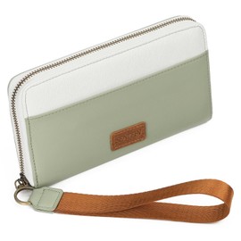 SENDEFN Women's Long Wallet, Genuine Leather, Large Capacity, Soft to the Touch, Cards, Coin Purse, Bidet, Skimming, Stylish, Popular, Present, Wristband Included, Green-white