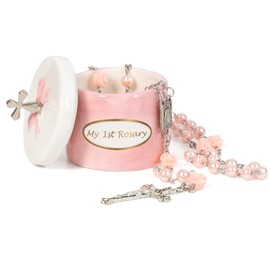 Baptism Gifts for Girl My First Pink Rosary Keepsake Box – Catholic Pink Rosary Box for Kids, Christening Baptism Decor for Kids, First Communion Keepsake Set from Godmother, Baby Girl Dedication Gift