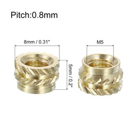 sourcing map Knurled Insert Nuts, 60pcs M5 x 5mm Length x 8mm OD 3D Printing Brass Nuts Female Threaded Inserts Brass Heat Set Insert Embedment Nut