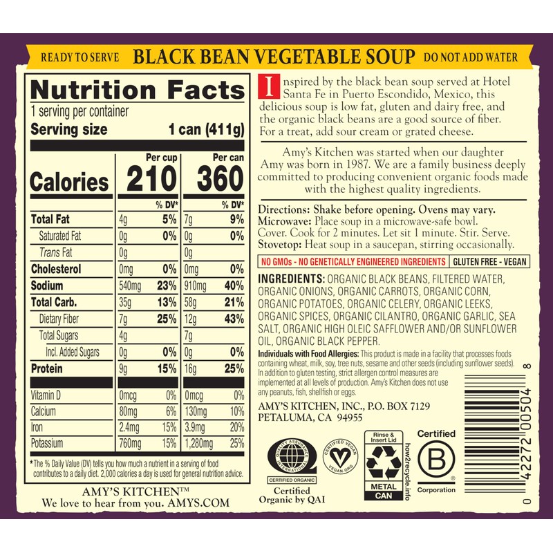 Amy's Soup, Vegan, Gluten Free, Organic Black Bean Vegetable, Low