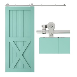 TSMST 5.5FT Stainless Steel Sliding Barn Door Hardware Kit, Top Mount Heavy Duty Sturdy Barn Door Track for Single Wood Door (T Style)