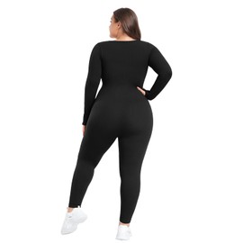 BLEVONH Women's Yoga Jumpsuits Ribbed Workout Rompers Square Neck Long Sleeve Bodysuits Full Length Plus size Black 2XL