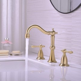 TRUSTMI 2 Handle 8-Inch Widespread Bathroom Faucet with Pop-up Drain Assembly and cUPC Water Supply Hoses, 3 Hole Lavatory Sink Faucet, Brushed Gold