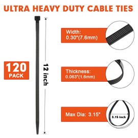 Zip Ties, RAZCC 120 Pack 12 inch Black Cable Ties, Heavy Duty Plastic Wire Ties with 120 lb Tensile Strength, Black Nylon Zip Ties for Indoor and Outdoor