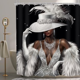 MESHELLY White Black Girl Shower Curtain 72Wx72H Modern Grey Silver Not Glittle African American Fashion Dress Diamond Luxury Bathroom Curtain Elegant Bathroom Accessories Decor Fabric with 12 Hooks