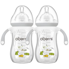 Oberni Weighted Baby Bottles with Size 4 Fast Flow Breast-Like Teat for 12 Months Plus / 1 Year Old Newborn Babies, 270ml/9oz, Non-Slip Handles, Anti-Colic, Grey/2 Pack