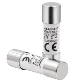 Heschen Cylindrical Ceramic Tube Fuse Link, RT18-32 (RO15), 10*38 mm, 2A 500V, CE, Pack of 20