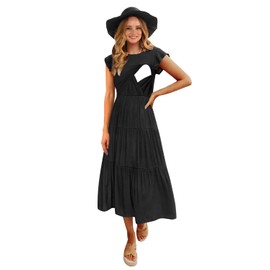 CzzzyL Women Nursing Casual Dresses for Women Short Sleeve Smocked Maternity Cotton Summer Beach A Line Sundresses(Black,Large)