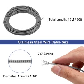 sourcing map 1/16" (1.5mm) 304 Stainless Steel Cable Wire Rope 7 x 7 Strands Core 50ft (15m) PVC Coated Aircraft Wire for Construction Outdoors Marine Rigging Decking Railings