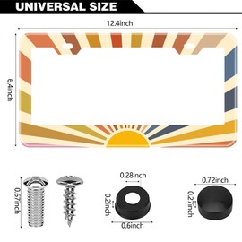 2Pcs Rainbow Groovy Retro Hippie Sun License Plate Frames Cover Holders Stainless Steel Retro License Plate Cover with Screw Caps Cover Set - 2-Hole