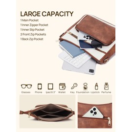 Telena Crossbody Bags for Women Leather Hobo Shoulder Handbag with Mini Wallet Guitar Strap Zipped Pockets Beige Brown