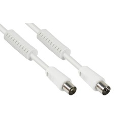Good Connections SAT TV Antenna Cable – Coax plug to Coax socket – 2 x Sheath Current Filter (Ferrite Core) Double Shielding – Shielding Dimensions IEC/coax plug (male) to port (female) 5 m White