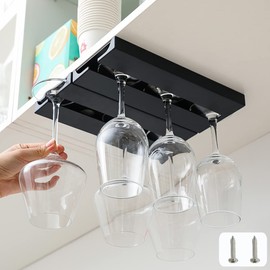 2 PCS Upgraded Under Cabinet Wine Glass Holder, Glasses Storage Hanger, Bar Kitchen Wine Glasses Organizer Rack with Screws (NO Adhesive), (New-Black).