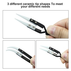 BokWin 6pcs Precision Reverse Ceramic Tweezers, Black Pointed & Curved Tips Tweezers Set Non-Conductive Reverse Tweezers for Solder, Pinching Coils