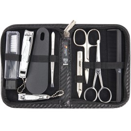 3 Swords Germany - brand quality 10 piece manicure pedicure grooming travel kit set with synthetic leather case carbon grey - Made by 3 Swords