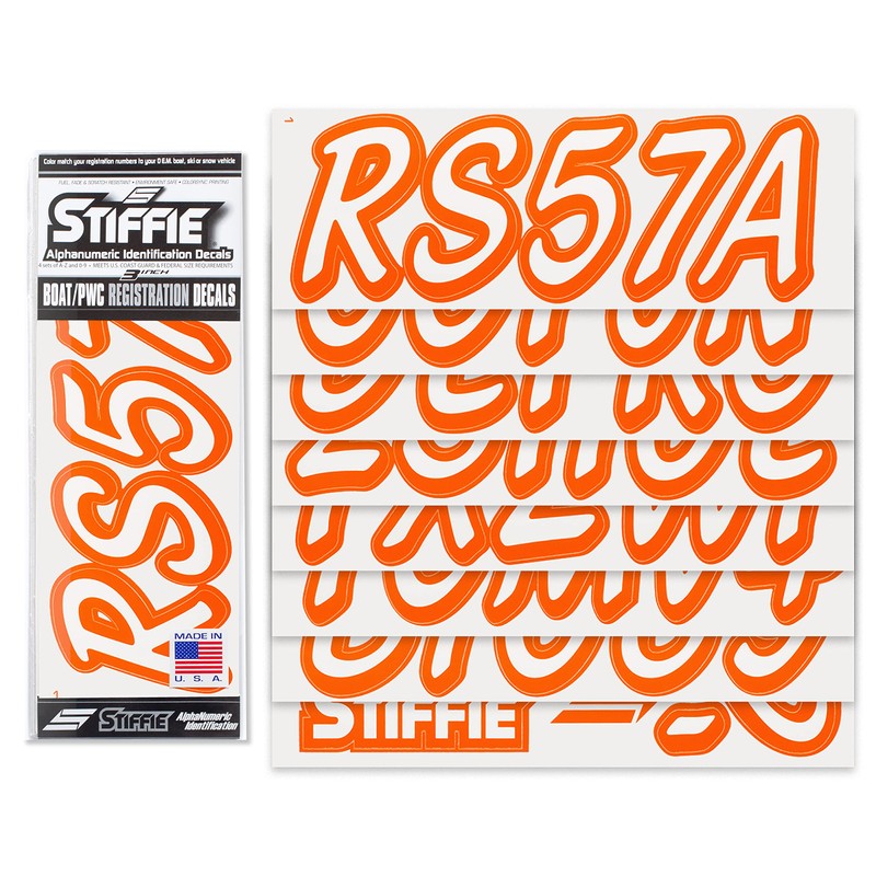 STIFFIE Whipline Solid White/Orange 3" Alpha-Numeric Registration Identification Numbers Stickers