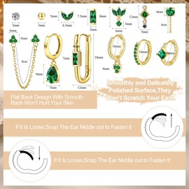 MILACOLATO 13Pcs Gold Earrings Studs Set for Multiple Piercings Women Flat Back 14K Gold Plated Silver Cartilage Helix Small Stud Hoop Stainless Steel Earrings Huggie Green CZ Earrings for Women GR