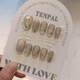 TENPAL Glossy Cat Eye Press on Nails Short Round Almond,Handmade Soft Gel Fake Nails with Stars Moon Designs,Removable Glitter Summer False Nails for Full Application Kit, Medium Size