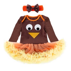 Xumplo Baby Girl Thanksgiving Outfits Infant Girl Turkey Tutu Dress Newborn Long Sleeve Romper Clothes 0-3 Months Brown