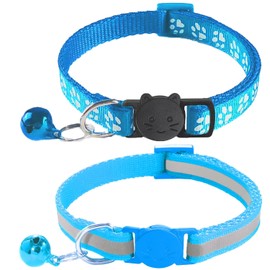 2 Pack Breakaway Cat Collars with Bells, Reflective Design and Claw Print Design, Safety Buckle Kitten Collars Adjustable from 7.5 to 12.5 Inches (Sky Blue)