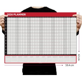 Evelay 2026 Wall Planner A2 Size (59cm x 42cm) Full Year to View Calendar Home Office School Organiser (Red) - Made in UK