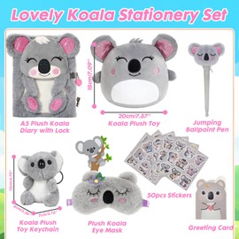 Koala Gifts for Girls, Kids Koala Plush Toys Set with Pillow, Secret Diary, Ballpoint Pen, Stickers, Birthday Gifts for Little Girls Age 5 6 7 8 9 10-12 Years Old