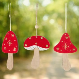 Mushroom Christmas Ornament Set, Cottagecore Garden Holiday Wooden Décor by Christmas Market Ornaments (3 Wood Pieces) - Red & Gold
