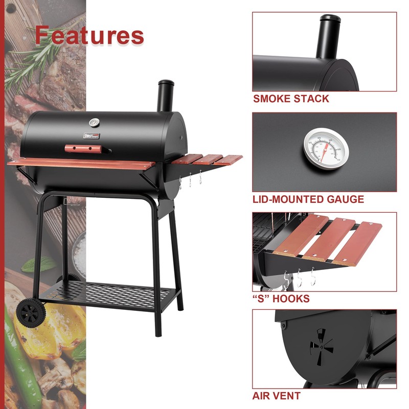 Royal Gourmet CC1830V 30 Barrel Charcoal Grill with Wood-Painted Side