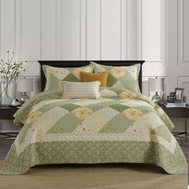 DDUOXIN Floral Bedspreads King Size 120"x120" - 100% Cotton Reversible Oversized King Quilt with 2 Pillow Shams, Farmhouse King Bedspread Lightweight Bedding Set, Green/Cream White, King/Cal King