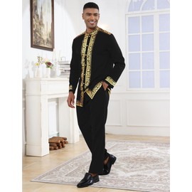 ZSJR Mens African 2 Piece Set Nigerian Dashiki Metallic Traditional Suit Gold Stamp Printed Shirt and Pants Outfit