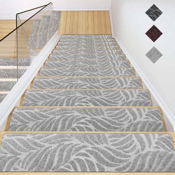 Indoor Stair Treads Carpets Peel and Stick - 15 Pack Stair Rugs for Wooden Steps Non Slip, Gray Step Mats - Pet Friendly Step Rugs Non Slip Stair Tape, Grey Durable Carpets for Stair Protector