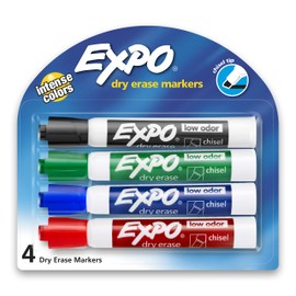EXPO Low-Odor Dry Erase Markers, Chisel Tip, Assorted Colors, 4-Count