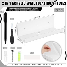 2 Pack Acrylic Wall Floating Shelves, White Adhesive Organizer, 11.8“ Acrylic Floating Bookshelves, Wall Display Shelve for Bedroom, Gaming Room, Living Room, Bathroom, Office