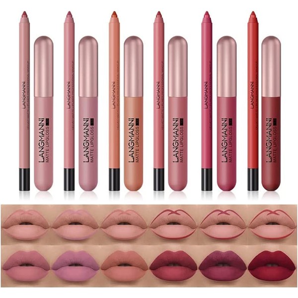 6 Colours Matte Liquid Lipstick with 6 Pieces Lip Liner Set, Velvety Durable Lip Liner Pen Moisturising Highly Pigmented Lip Gloss All in One Beauty Makeup Gift Set